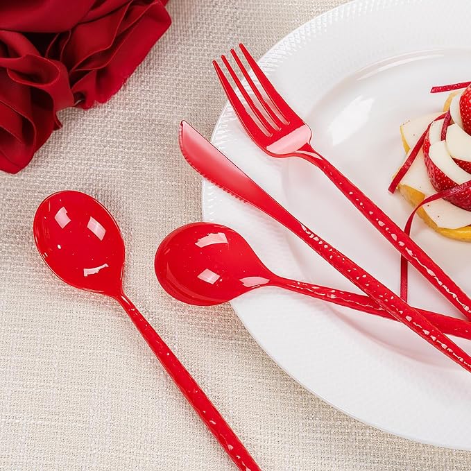 LIYH 150 Pcs Red Plastic Cutlery Sets - Red Christmas Plastic Christmas Silverware Heavyduty, Disposable Utensil Sets, 50 of Each Forks, Knives & Spoons Flatware Set for Party Birthday Xmas Day