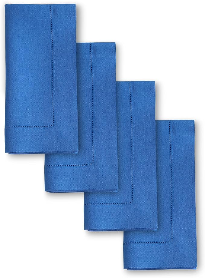 Solino Home Linen Napkins Set of 4 - Classic Hemstitch 100% Pure Linen Royal Blue Dinner Napkins Cloth 20 x 20 Inch - Handcrafted and Machine Washable - Holiday, Winter, New Year