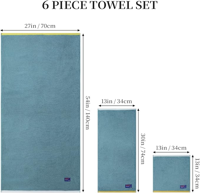 REDKISS 6 Pack Cotton Towel Set with Luxury Embellished Border, 600 GSM Ultra Soft & Highly Absorbent Bath Towels Set with 2 Bath, 2 Hand, 2 Washcloths for Bathroom, Gym, Spa, Hotel, Sky Blue