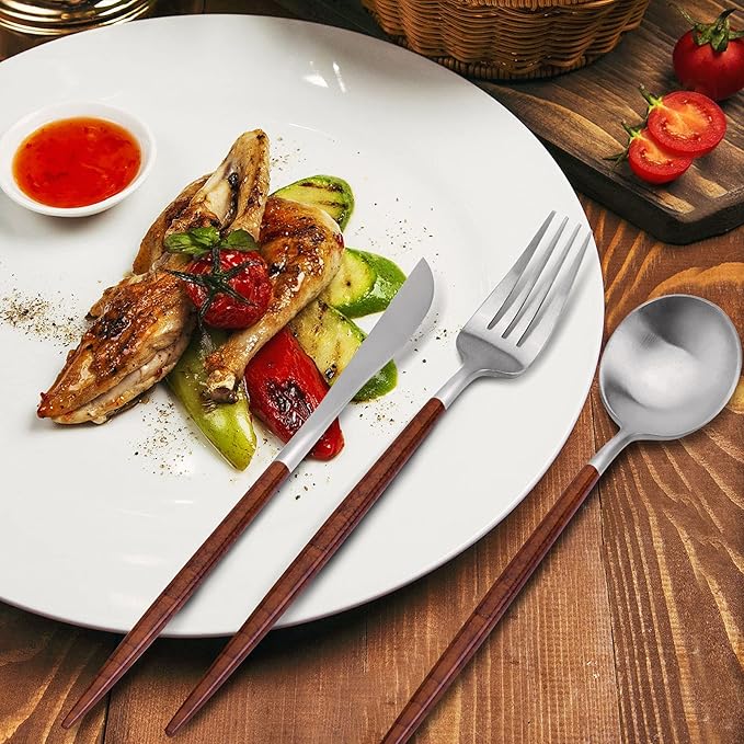 Matte Silver Silverware Set With Brown Handle, Vanys 20 Piece Stainless Steel Cutlery Flatware Set, Kitchen Utensil Sets for 4, Tableware With Knife Spoons And Forks Set, Satin Finished Polished