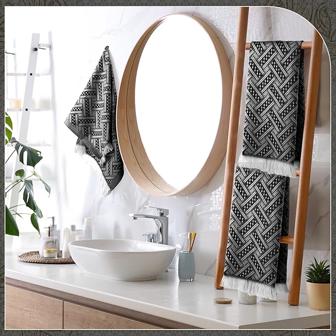 4 Pack Boho Bathroom Hand Towel 14 x 30 Inch 100% Turkish Cotton Decorative Boho Kitchen Hand Towel Farmhouse Bathroom Decor Set Absorbent Soft Guest Tea Gift(Black,White)