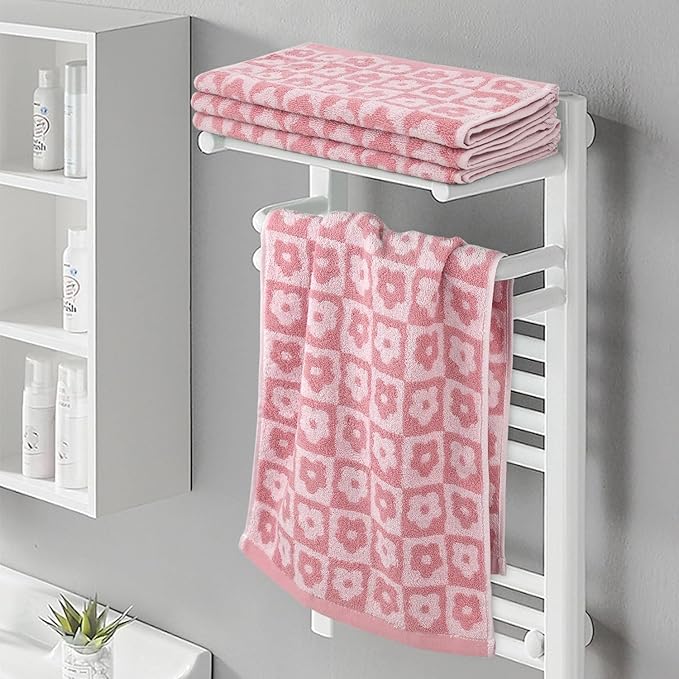 Jacquotha Cotton Hand Towels Pink Checkered Floral - Quick Drying Hand Towel Set of 4, for Women Girls Bathroom Decor, 29” x 13”