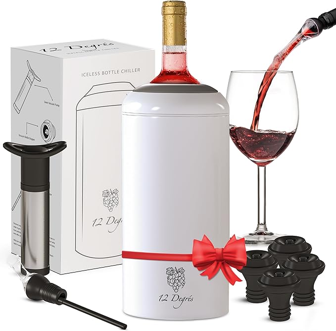 Wine Chiller Set - Perfect Wine Gifts for Women & Men - Stainless Steel Insulated Wine Cooler with Wine Pump, Aerator & 4 Stoppers (White Matte)