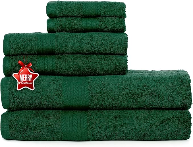 Ample Decor 100% Christmas Green Cotton Luxury 6 Piece Towels Set, 2 Bath Towels, 2 Hand Towels, 2 Wash Cloths for Bathroom