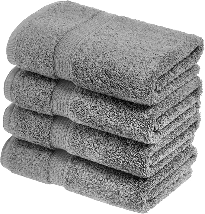 Superior Egyptian Cotton Pile Hand Towel Set of 4, Ultra Soft Luxury Towels, Thick Plush Essentials, Absorbent Heavyweight, Guest Bath, Hotel, Spa, Home Bathroom, Shower Basics, Charcoal