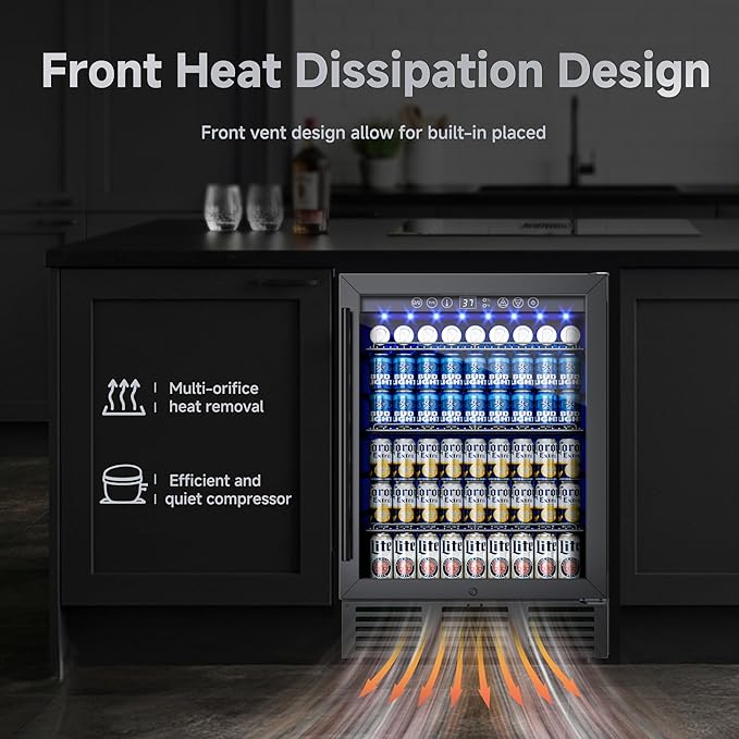 24 Inch Beverage Refrigerator, 180 Cans Under Counter Beverage Fridge with Glass Door, LED Light, Built-in or Freestanding Beer Fridge for Soda, Water, Wine - Home, Bar or Office