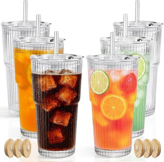 Ruckae 20oz Glass Bottles with Lids,Glass Cups with Lids and Straws,Water Bottle Drinking Glasses for Coffee,Smoothies,Tea,Juice (6, Transparent)