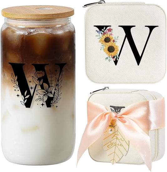 AYGXU Initial Glass Cup,Personalized Birthday Gifts for Women,16oz Glass Tumbler Cups,Graduation Gifts for Her,Small Jewelry Organizer Box,Birthday Gifts for Women,Initial W white