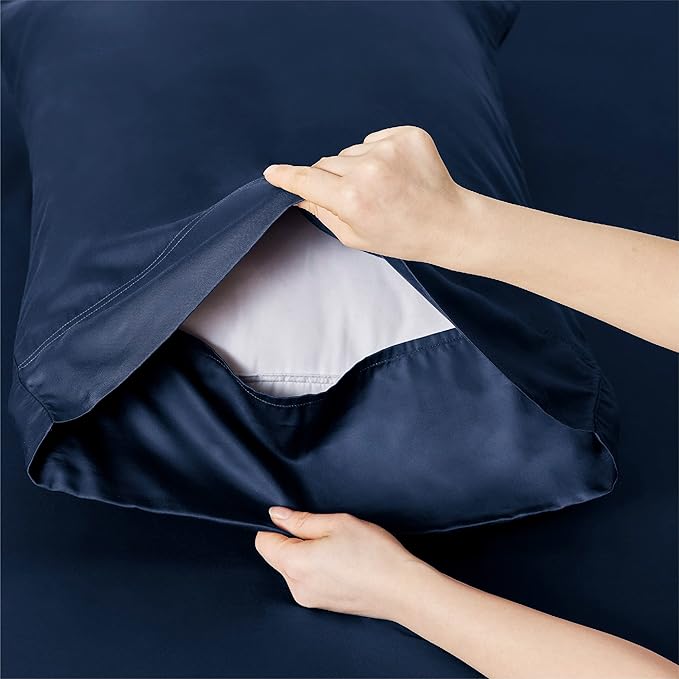 Bedsure Cooling Sheets Twin, Rayon Derived from Bamboo, Breathable & Soft Twin Sheets Set, Deep Pocket Up to 16 Inches, Hotel Luxury Silky Bedding for Hot Sleepers, Navy