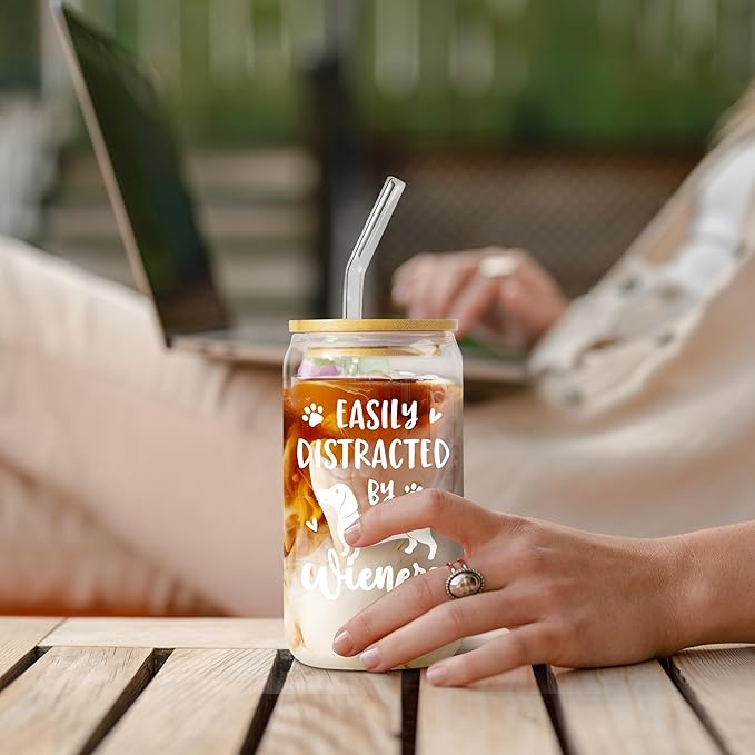 SteadStyle Christmas Dachshund Gifts for Women, Dog Lovers - Glass Drink Cup with Bamboo Lid & Straw (16oz), Birthday Mothers Day Gift For Dackel Owners & Puppy Lovers, Weiner Dog Gifts for Women Mom