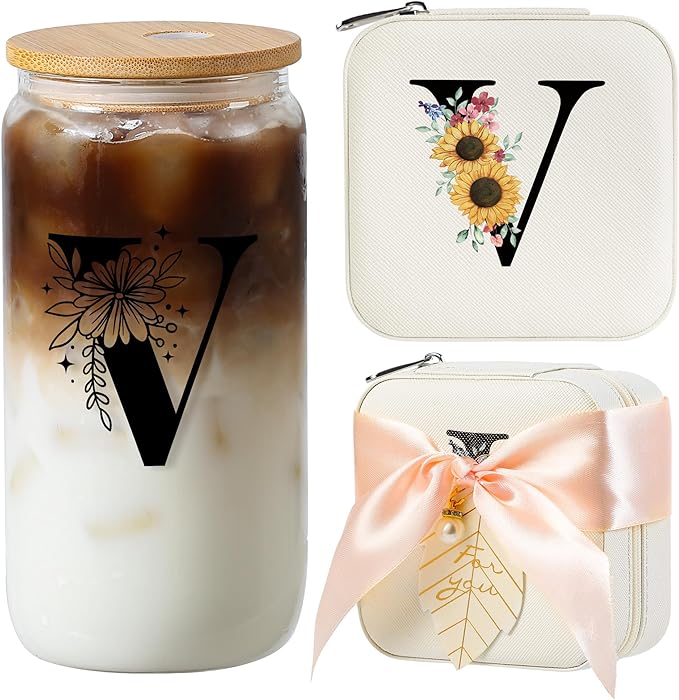 AYGXU Initial glass cups with lids and straws,Small Jewelry Box for Girls,Small Jewelry Organizer Box,Cute Tumbler Cup,Travel Gifts for Women,Travel Essentials, Initial V white