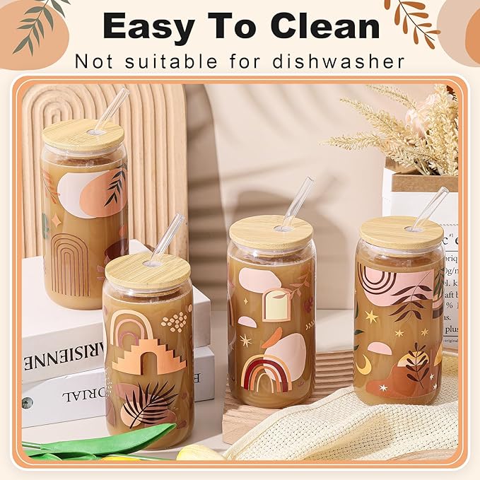 Mumufy 4 Pack Bohemian Neutral Aesthetic 16 oz Glass Cup Tumbler with Bamboo Lid & Straw, Boho Rainbow Abstract Design Iced Coffee Mugs, Gift for Women Mom Sister Mothers Day Birthday