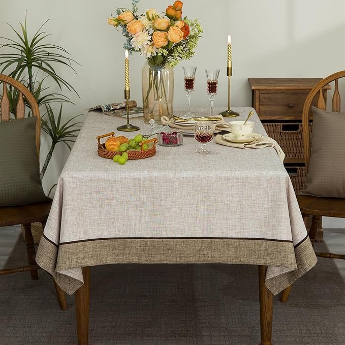 Solid Bordered Retro Tablecloth Classic Textured Linen Style Rustic Washable Rectangle Table Cloth,Kitchen Dinning Tabletop Decoration,Oblong Table Cover Linen 55x70 Inch