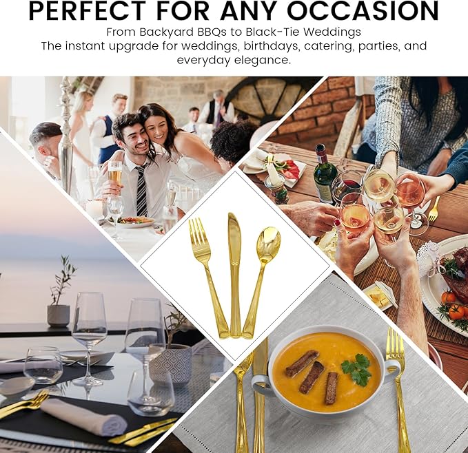 150PCS GzfunTeng Gold Plastic Silverware, Heavy Duty Disposable Cutlery Set Includes 50 Forks, 50 Knives, 50 Spoons for Party, Wedding and Daily Use (150 Pieces, Gold)