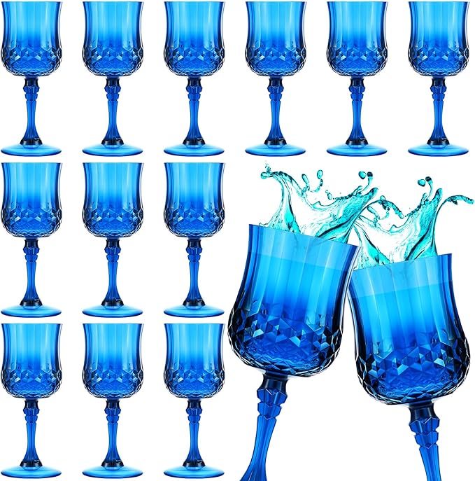 Pinkunn 12 Pcs 7 oz Plastic Vintage Wine Glasses Reusable Colored Goblets Patterned Drinking Water Glasses Cup Dishwasher Safe for Christmas Wedding Reception Party Supplies (Dark Blue)