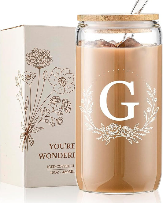 Personalized Gifts for Women, Monogrammed 16oz Glass Cups with Bamboo Lids and Straws, Customized Glass Tumbler, Cute Custom Mug, Customizable Initial Iced Coffee Glasses, Birthday Bridesmaid Mom, G