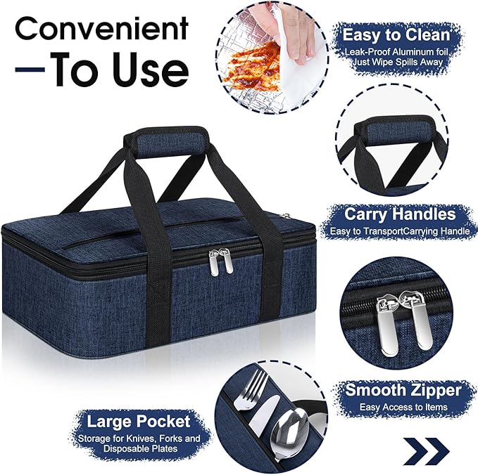 Insulated Casserole Carrier, Portable Casserole Carrier for Hot or Cold Food Lunch Tote Warmer or Cooler Bag, Lasagna Lunch Bag for Potluck Parties- Fits 9" x 13" Baking Dish-Navy blue