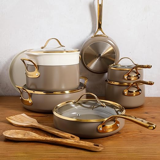 Bloomhouse - Two Time Oprah's Favorite Things Winner - 15 Piece Pots and Pans Heavy Duty Aluminum Premium PFA Free Ceramic Nonstick Dutch Oven Pot with Lid - Cappuccino Cream with Gold Handle