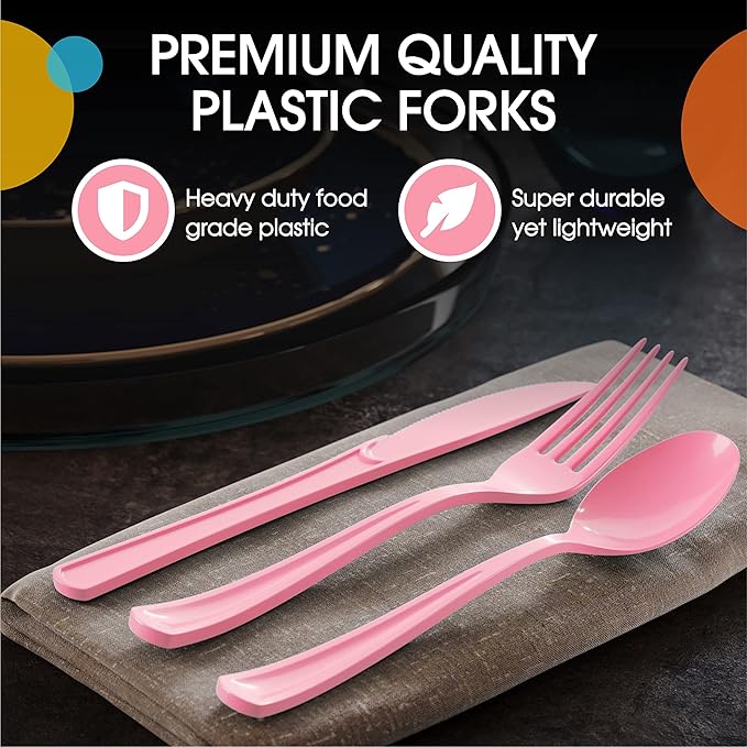 Party Solids Pink Plastic Forks 200 Pieces Pink Forks Disposable Utensils Heavy Duty Plastic Cutlery Set Disposable Cutlery Sets Flatware Sets Silverware Set Party Supplies & Party Tableware