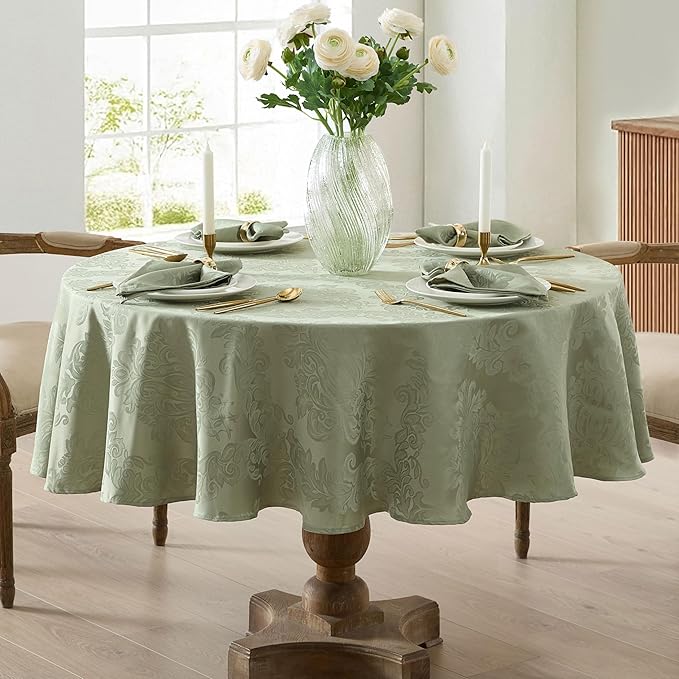 Newbridge Christmas Barcelona Damask Fabric Tablecloth, 70 Inch Round, Sage Green – No Iron, Soil Resistant Table Cover for Dining, Parties and Holidays