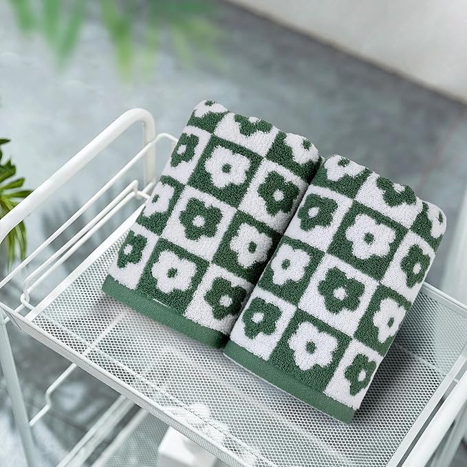 Jacquotha Cotton Hand Towels Green Checkered Floral - Quick Drying Hand Towel Set of 4, for Christmas Bathroom Decor, 29” x 13”