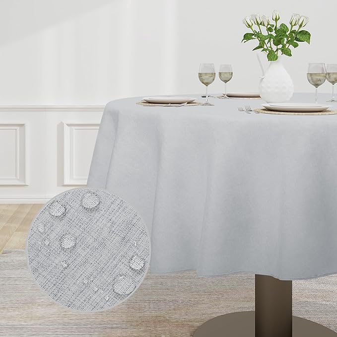 Easy-Going Faux Linen Waterproof Spill-Proof Tablecloth Stain Resistant Round Table Cloth Wrinkle Free Decorative Fabric for Kitchen, Dining, Party, Weddings, Restaurants (60 in-Round, Grey)
