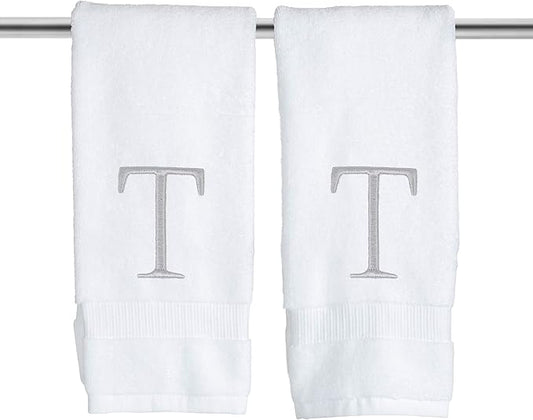Monogrammed Hand Towels for Bathroom - Luxury Hotel Quality Personalized Initial Decorative Embroidered Bath Towel for Powder Room, Spa - GOTS Organic Certified - Set of 2 Letter T