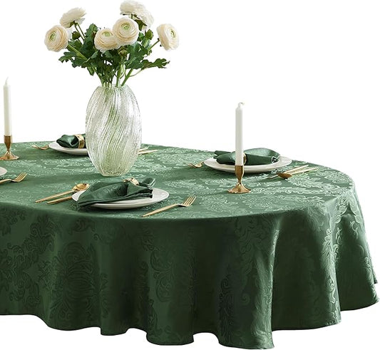 Newbridge Christmas Barcelona Damask Fabric Tablecloth, 60 x 84 Inch Oval, Hunter Green – No Iron, Soil Resistant Table Cover for Dining, Parties and Holidays
