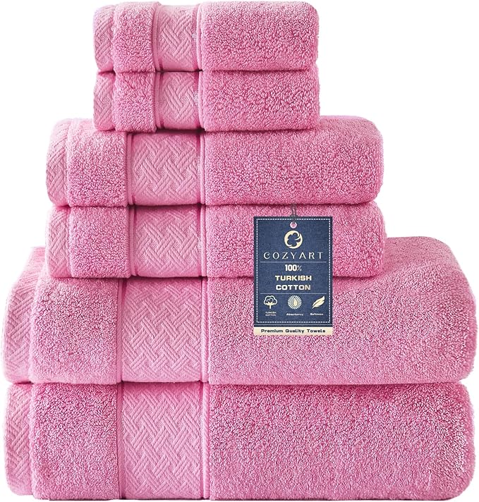 COZYART Pink Bath Towel Set 6 Piece, 2 Bath Towels 2 Hand Towels 2 Washcloths, Luxury 100% Turkish Cotton 650GSM Hotel Quality, Soft, Absorbent, Towel Sets for Bathroom