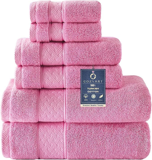 COZYART Pink Bath Towel Set 6 Piece, 2 Bath Towels 2 Hand Towels 2 Washcloths, Luxury 100% Turkish Cotton 650GSM Hotel Quality, Soft, Absorbent, Towel Sets for Bathroom