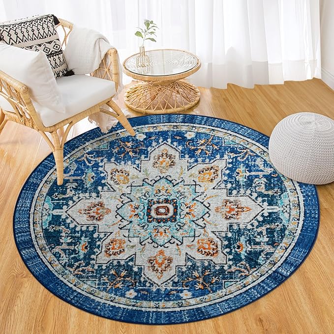 Easy-Going Round Area Rug 3ft Washable Boho Small Circle Rugs for Living Room Non-Slip Bedroom Rug Low Pile Lightweight Tangerine Vintage Throw Rug for Dining Room Kitchen Office, Floral Aqua Yellow