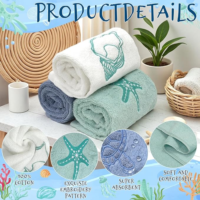 3 Pack Beach Hand Towels for Bathroom, 100% Cotton Soft Coastal Bathroom Towels Ocean Beach Kitchen Decor 13.5 x 29.5 Inch for Kitchen Summer Decoration