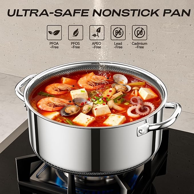 Hybrid Nonstick 4-Quart Stockpot,9.5 Inch Stainless Steel Stockpot with Glass Lid,PFAS PFOA PTFE Free, Dishwasher-Friendly,Oven-Safe Up to 600°F,Non-stick Soup Pot Compatible with All Cooktops