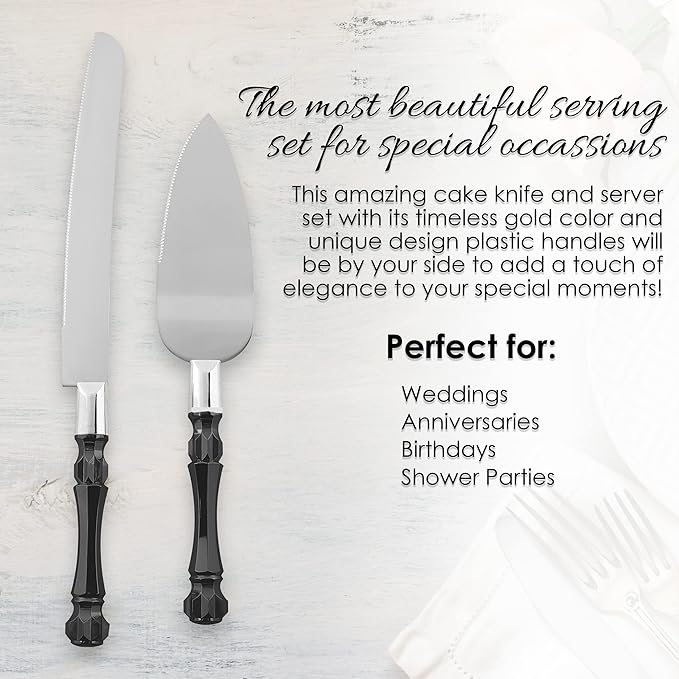 Homi styles Black Cake Knife and Server Set, Cake Cutter and Pie Spatula, Cake Server and Knife Set of 2 with Non-Slip Swirl Grip, Matte Black Cake Cutting Set for Wedding Cake, Birthdays, and Parties