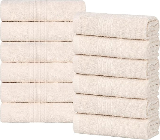 Superior Eco-Friendly Cotton 12-Piece Face Towel/Washcloth Set, Small, Fast Drying Towels for Face, Spa, Resort, Hotel, Hand, Shower, Guest Bathroom, Home, Airbnb, Apartment Essentials, Ivory