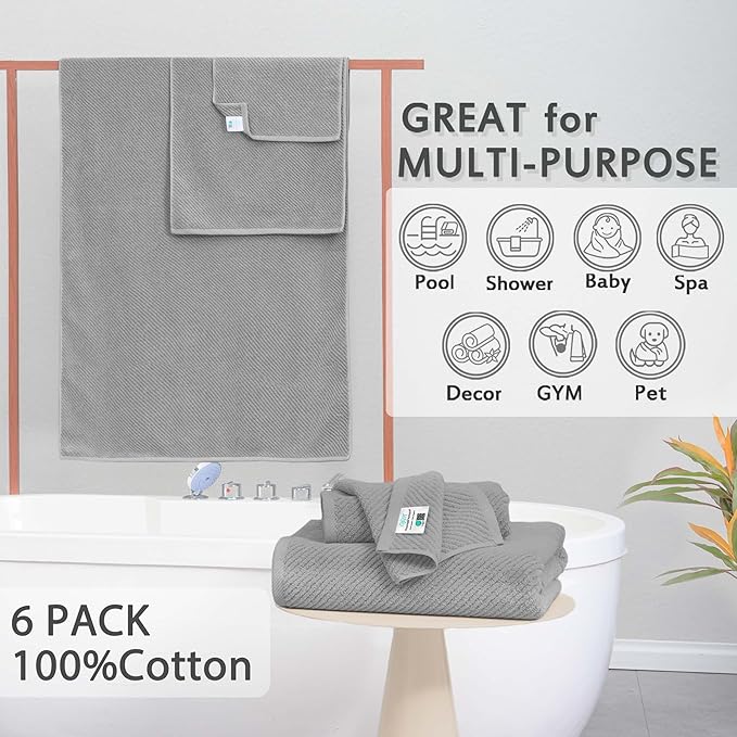 VOOVA & MOVAS Grey Bathroom Towel Sets - 100% Cotton | Lightweight | Quick Dry | Thick | Soft, 6 Piece Towel Set, 2 Large Bath 30"x56", 2 Hand 18"x28", 2 Washcloths 13"x13", Bathroom Essentials, Gray