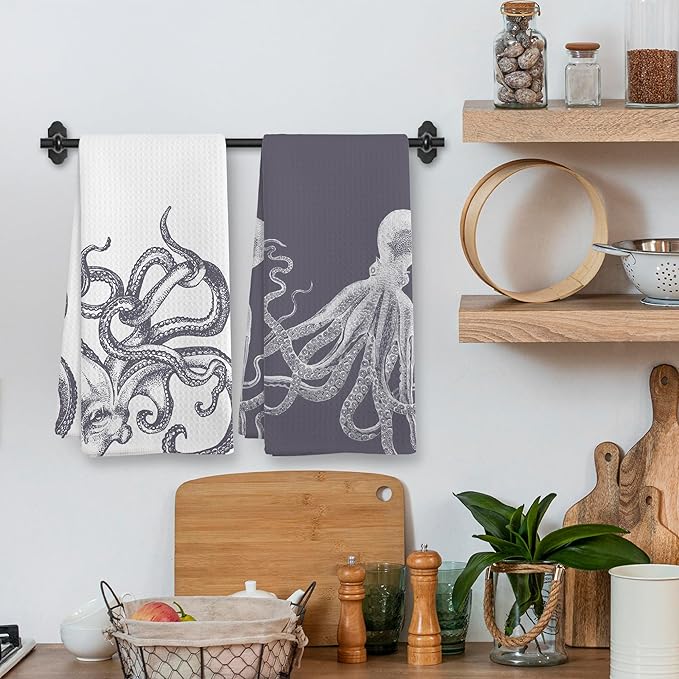 Coastal Grey Octopus Beach Decor Dish Hand Tea Towels for Bathroom Kitchen, Girly Octopus Ocean Nautical Beachy Bathroom Decor, Coastal Kitchen Towels and Dishcloths Sets of 2, 16x24 Inch