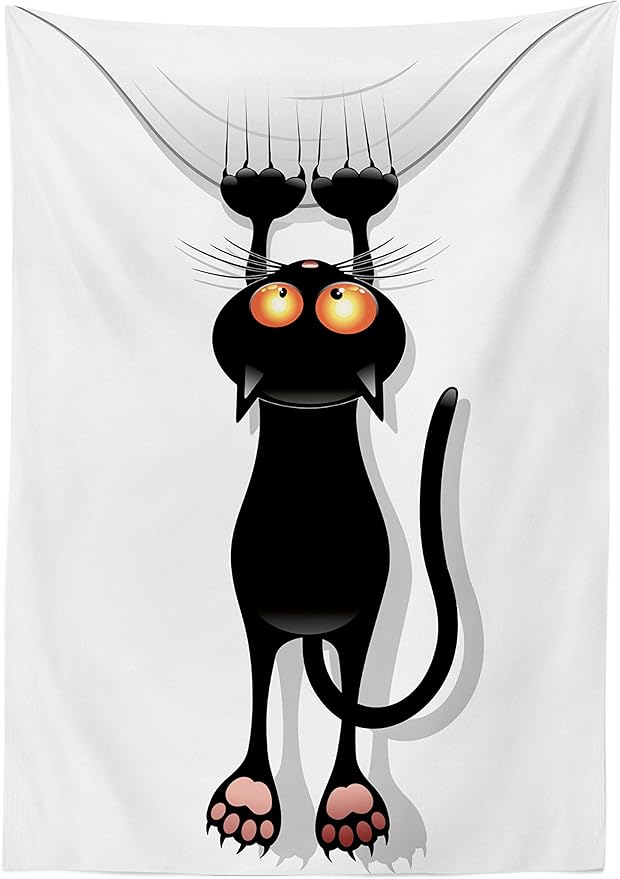 Ambesonne Funny Tablecloth, Angry Furry House Cat Scratching Curtains Best Friend Companion Happy Paws Art Image, Rectangular Table Cover for Dining Room Kitchen Decor, 60" X 90", White Black