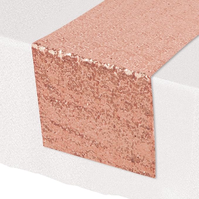 Beistle Sequined Fabric Table Runner Wedding Decorations, Anniversary Tableware, 11.25" x 75", Rose Gold