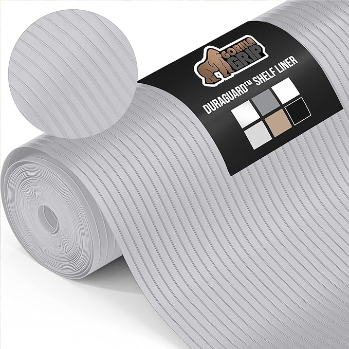 GORILLA GRIP DuraGuard Shelf Liner, Non-Adhesive Cabinet Liners for Kitchen Drawers, Shelves, Refrigerator, Pantry Storage, Bathroom Closet, Durable Waterproof BPA Free Ribbed Plastic, 12x20 Lt Gray