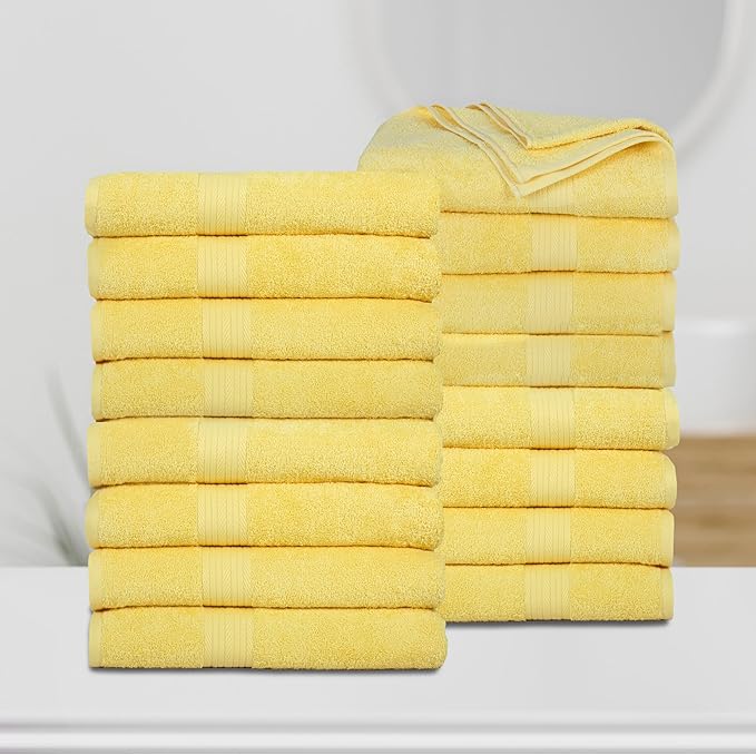 Ample Decor Bath Towels Pack of 16 600 GSM 100% Cotton, Absorbent Soft Premium Quality Machine Washable, Oeko Tex Certified, for Bathroom, Hotel, Spa, Gym, Kitchen - Yellow - 30 X 54 Inch