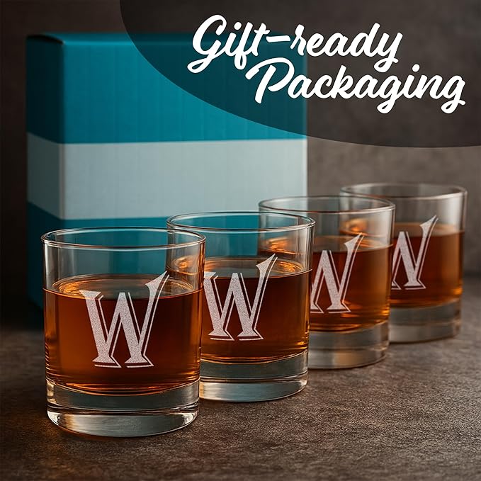 (W-Monogram)- 4 Piece Set of 11 Ounce Engraved Heavy Base Rocks Glasses- Quality Elegant Glass-Multi-Purpose Beverage-Rocks Glass- For any Occasion- By: On The Rox