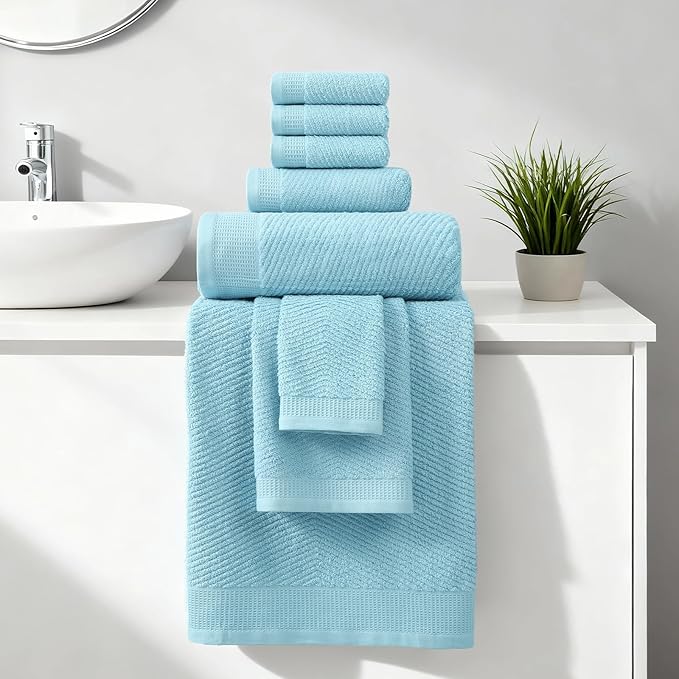 REDKISS Luxury Bath Towel Set of 8, 100% Cotton Bathroom Towels Set with 2 Bath Towels, 2 Hand Towels, 4 Washcloths, Ultra Soft Highly Absorbent Towels for Bathroom, Gym, Hotel, Spa, Blue