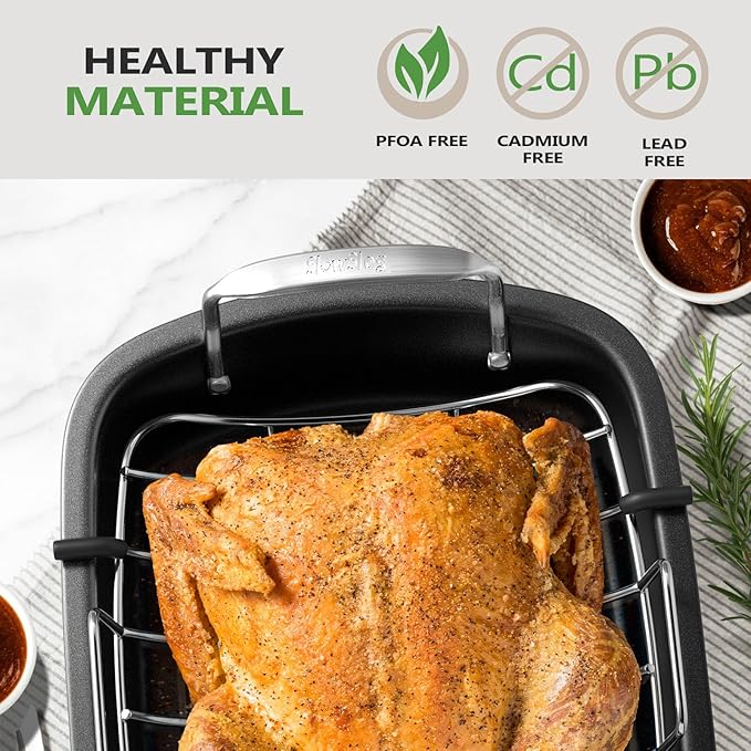Roasting Pan, 17 Inch x 13 Inch Roaster with Removable Rack, Nonstick Roaster Pan for Roasting Turkey, Meat & Vegetables (Silver)