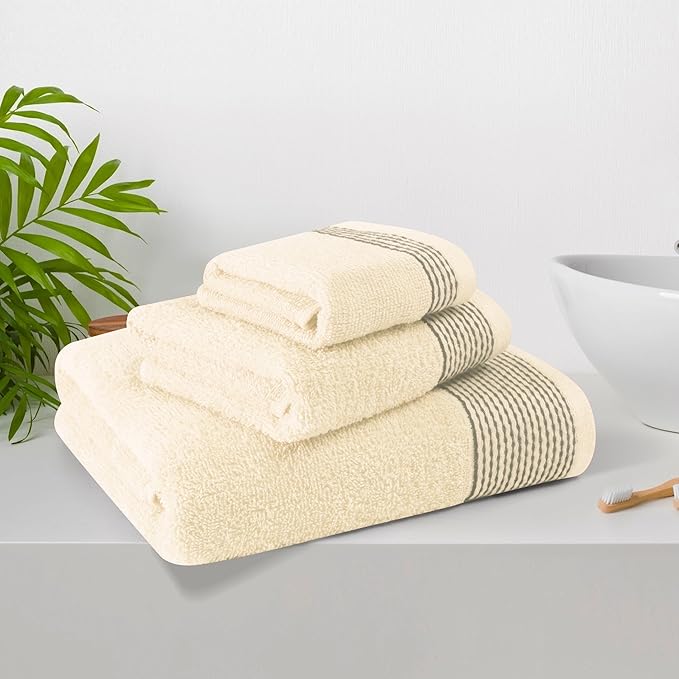 Belizzi Home Ultra Soft 3 Pack Cotton Towel Set, Contains a Bath Towel 28x55 inch, a Hand Towel 16x24 inch & a Wash Coth 12x12 inch, Ideal Everyday use, Compact & Lightweight -Ivory