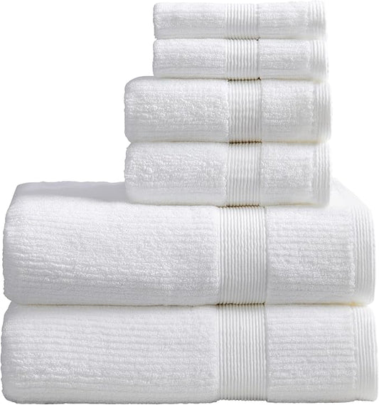Springtree Home White Bath Towels Set of 6 | Ribbed Textured | 100% Combed Cotton | Absorbent Quick-Dry Towels for Bathroom | Oeko-TEX® Standard 100 Cotton | Mauro Collection - Bright White