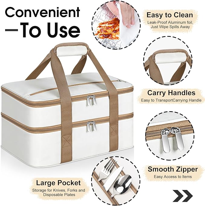 Double Insulated Casserole Carrier, Portable Casserole Carrier for Hot or Cold Food Lunch Tote Warmer or Cooler Bag, Lasagna Lunch Bag for Potluck Parties- Fits 9" x 13" Baking Dish-Beige