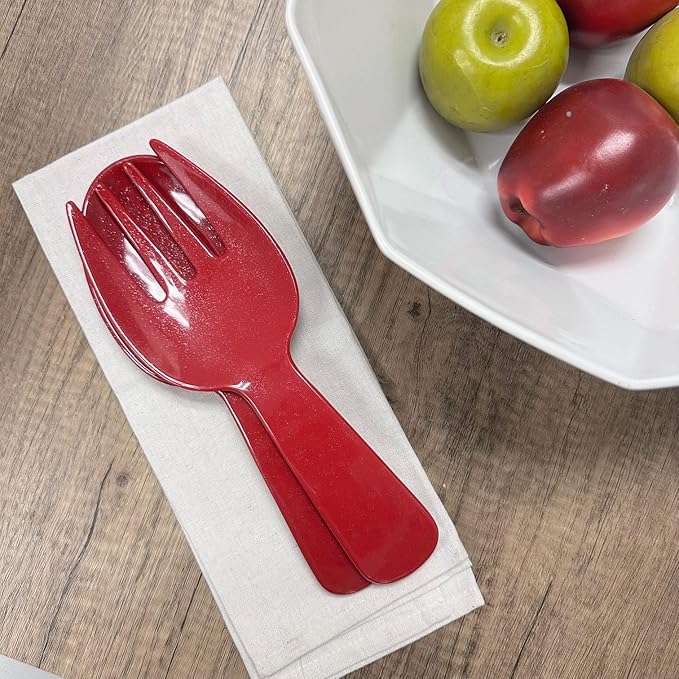 UPware Twinkle Dust Melamine Salad Servers, Serving Utensil Set, Includes Serving Fork and Spoon for Tossing Salad, Pasta, Christmas Decorations, Red, 10.75 Inch, Set of 2