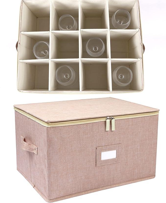 popoly Wine Glass Storage Box, Stemware Storage Containers Cases with Dividers, Stackable Moving Supplies for 12 Wine Glasses, Drinkware, Glassware or Crystal (Beige)