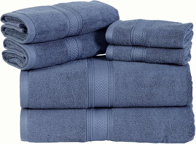 Hillfair Premium 600 GSM 6 Piece Cotton Towel Set - 2 Bath Towels, 2 Hand Towels, 2 Washcloths - Blue - Machine Washable, Hotel Quality, Super Soft & Highly Absorbent
